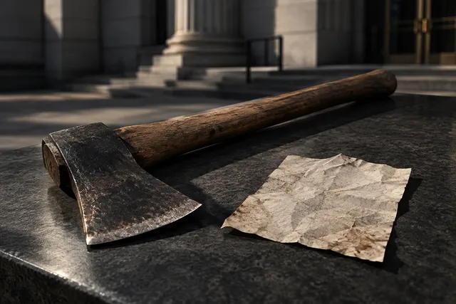 AI illustration based on reference photographs; not an event photograph. A heavy axe rests on a dark surface next to a piece of paper, set in a muted, institutional environment.