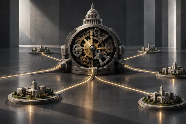 AI illustration based on reference photographs; not an event photograph. Conceptual illustration of a central governmental mechanism showing internal friction and pathways extending to regional nodes.