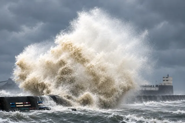 AI illustration based on reference photographs; not an event photograph. A massive, turbulent wave with white foam crashing against a dark, low-lying structure under an overcast sky.