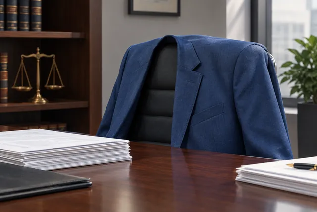 AI illustration based on reference photographs; not an event photograph. A dark blue suit jacket rests on an office chair next to stacks of white papers on a desk, set in a muted, professional environment.