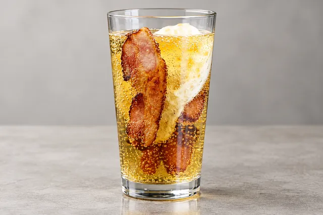 AI illustration based on reference photographs; not an event photograph. An AI-generated food image showing bacon and a cooked egg floating in a glass of bubbly liquid.