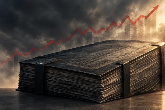AI illustration based on reference photographs; not an event photograph. An abstract, conceptual illustration of a massive, weighty financial ledger under dramatic lighting, symbolizing national debt and economic strain.