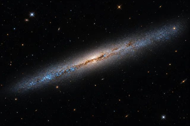 AI illustration based on reference photographs; not an event photograph. Edge-on, intermediate spiral galaxy NGC 1827 against a dark, star-filled background.
