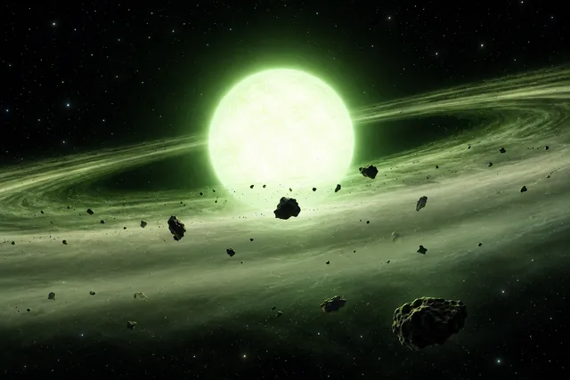 AI illustration based on reference photographs; not an event photograph. Illustration of the white dwarf star WD J1330+6435, a greenish-white sphere, surrounded by a diffuse green accretion disk containing dark, irregularly shaped orbiting rocks against a dark starry background.