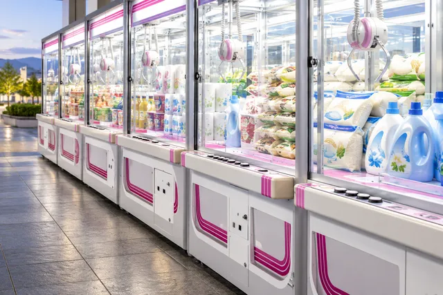 AI illustration based on reference photographs; not an event photograph. A row of large, brightly lit arcade claw machines stocked with groceries in a modern, empty arcade setting.