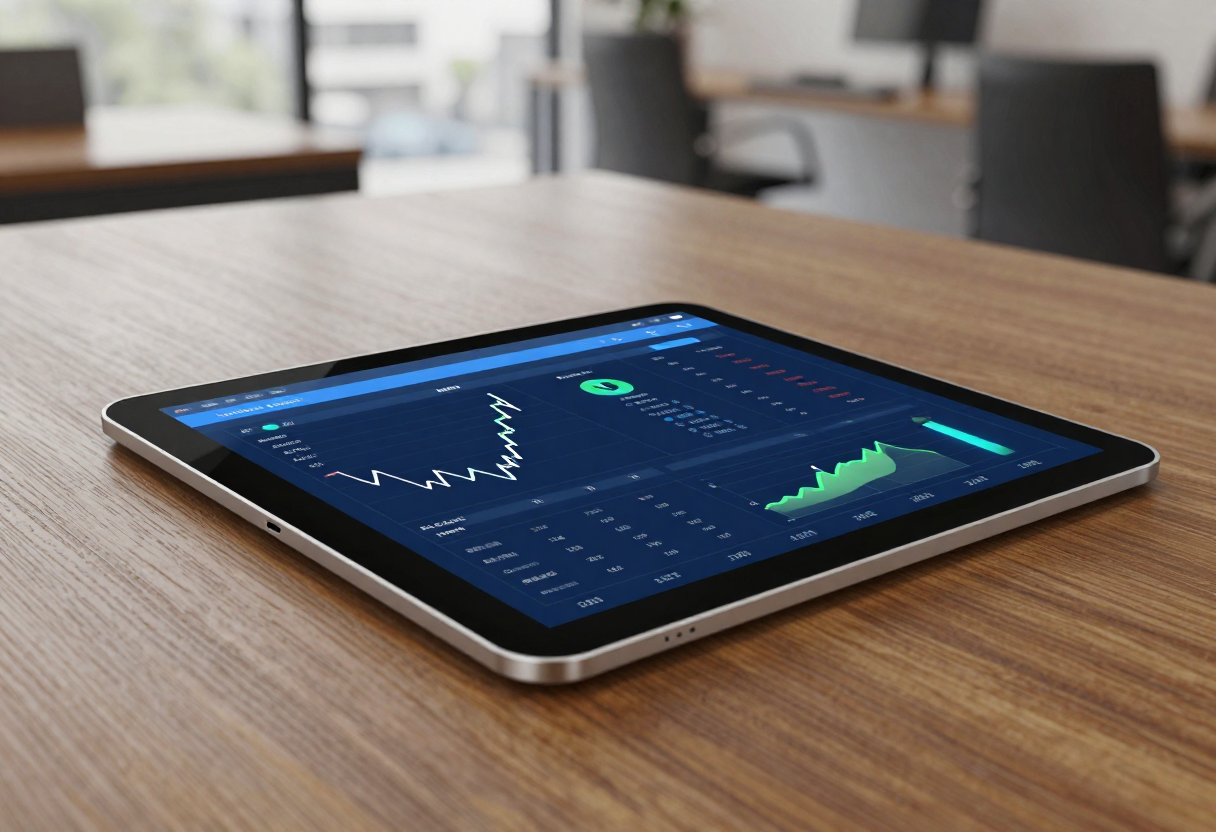 A detailed, unbranded metal audit tablet with a glowing blue interface displaying real-time financial data, placed on a clean wooden table in a softly blurred modern office setting.