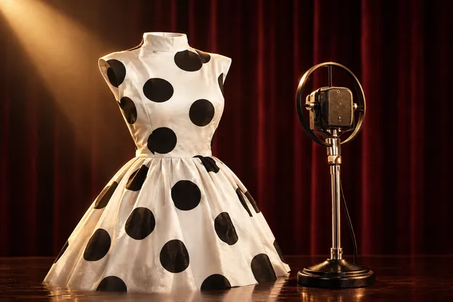 AI illustration based on reference photographs; not an event photograph. A stylized illustration of a white polka dot dress and a vintage studio microphone, evoking the image of a classic Hong Kong diva.