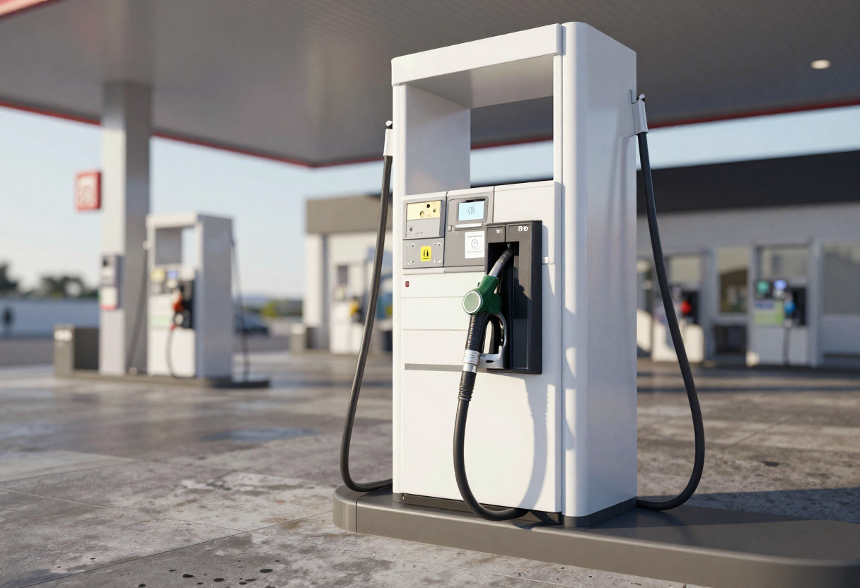 A plain gasoline pump with a single nozzle, softly focused, set against a blurred, distant gas station.