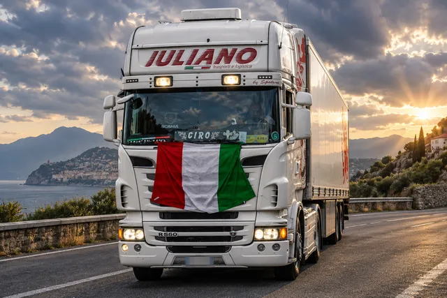 AI illustration based on reference photographs; not an event photograph. A white Scania truck with an Italian flag graphic on the grille, stopped on a road in southern Italy, illustrating a transport halt.