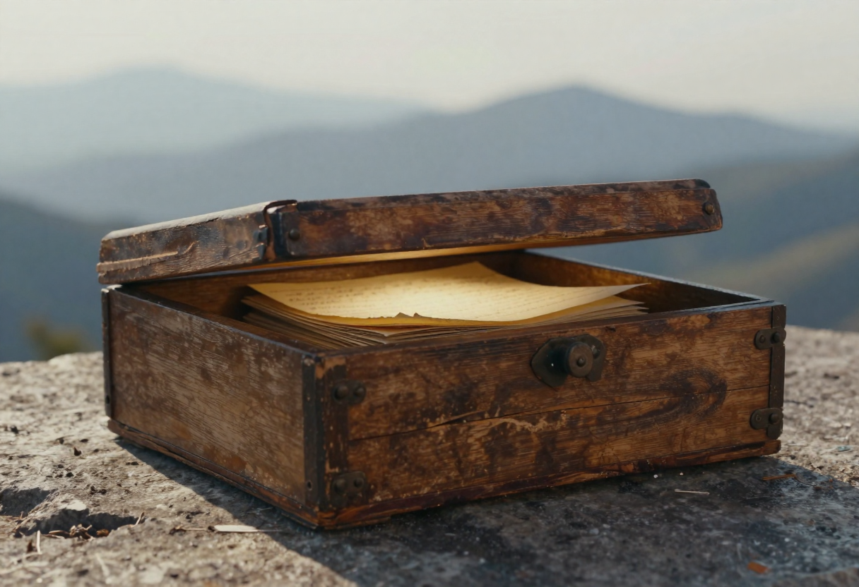A wooden box with handwritten notes inside, partially lit, set on a stone surface with a distant mountain range in the background.