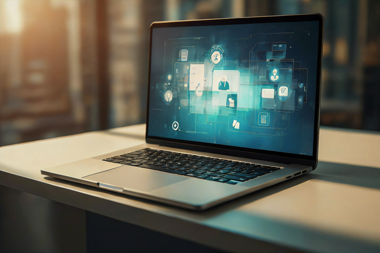A modern laptop displaying digital banking interface on a white desk with a blurred city skyline in the background.