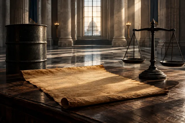 An editorial illustration of a foundational document resting on a dark wooden table, flanked by a stylized oil barrel and balanced scales, symbolizing governance and accountability.