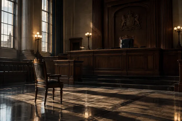 An empty, formal High Court room with a single wooden chair, emphasizing a sense of isolation.
