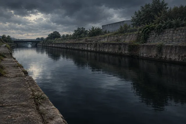 AI illustration based on reference photographs; not an event photograph. A conceptual editorial illustration of a dark, still canal environment under muted lighting.