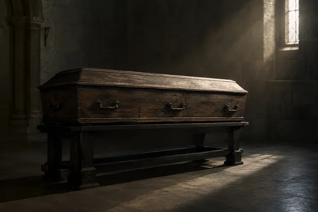A weathered wooden casket rests on a simple bier inside a dimly lit church.