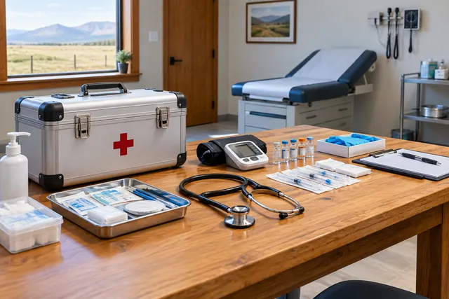 A conceptual illustration of a modern medical examination station with organized equipment in a remote clinic setting.