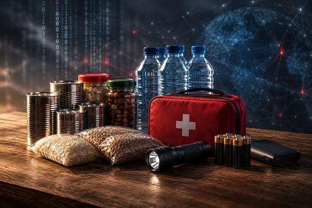 AI illustration based on reference photographs; not an event photograph. A still life composition of essential household supplies like food, water, and a torch arranged on a wooden surface, set against a backdrop suggesting digital network complexity.
