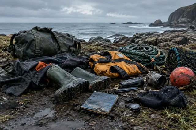 Assorted personal belongings recovered from a missing fishing boat, resting on a damp, rocky shoreline near a desolate coast.
