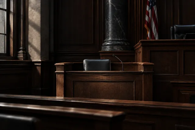 AI illustration based on reference photographs; not an event photograph. An empty, dimly lit courtroom with a central witness stand, emphasizing the solemn atmosphere of a legal proceeding.