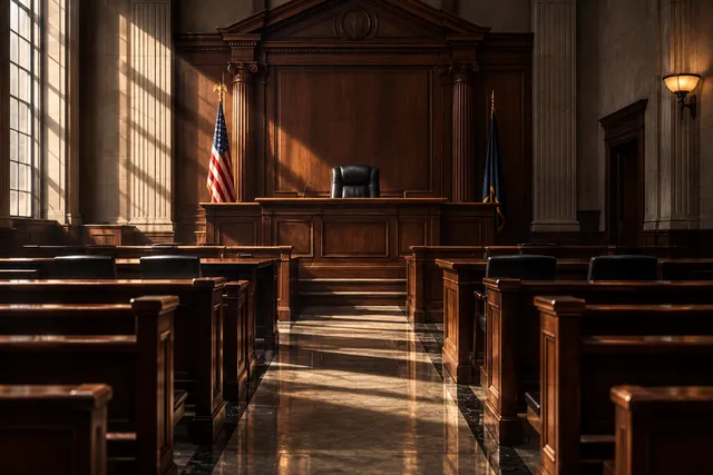 AI illustration based on reference photographs; not an event photograph. An empty, grand courtroom with dark wood paneling and dramatic lighting, symbolizing a legal trial.