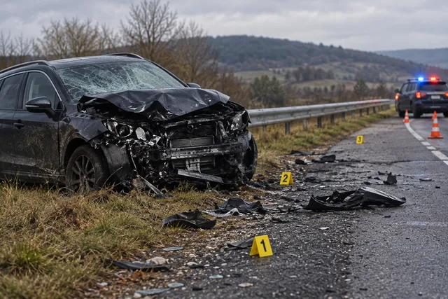 AI illustration based on reference photographs; not an event photograph. An editorial illustration of a quiet, somber scene near a roadway, suggesting a serious investigation.