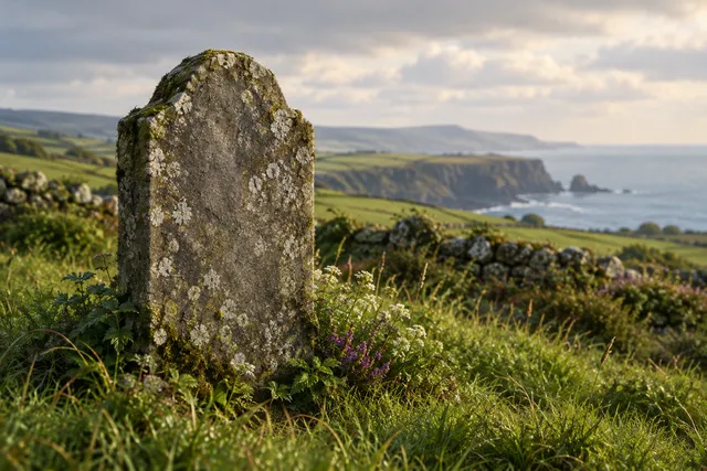 AI illustration based on reference photographs; not an event photograph. A weathered stone marker in a quiet, green landscape, suggesting a place of rest and memory.