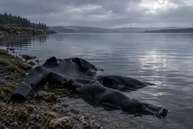 AI illustration based on reference photographs; not an event photograph. An open water swimming wetsuit rests near the edge of a reservoir under an overcast sky.