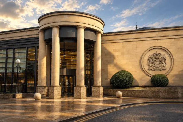 AI illustration based on reference photographs; not an event photograph. A large, light-colored stone building facade with a curved entrance and classical columns, set in a neutral, solemn environment.