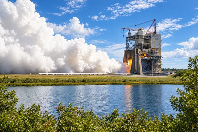 AI illustration based on reference photographs; not an event photograph. A large engine test stand structure with a massive plume of white smoke billowing against a bright sky, set near water and green foliage.