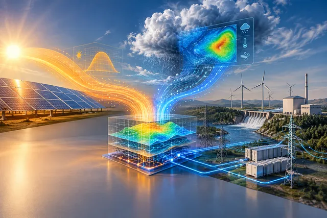 AI illustration based on reference photographs; not an event photograph. Abstract illustration of atmospheric data streams integrating into an energy system model.