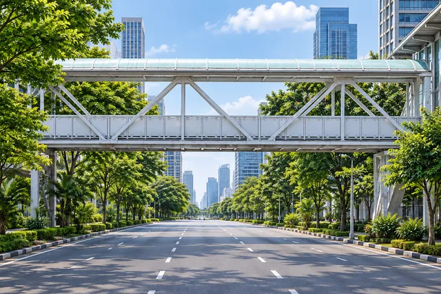AI illustration based on reference photographs; not an event photograph. An overhead truss railway bridge spanning a city street with surrounding tall buildings and greenery.