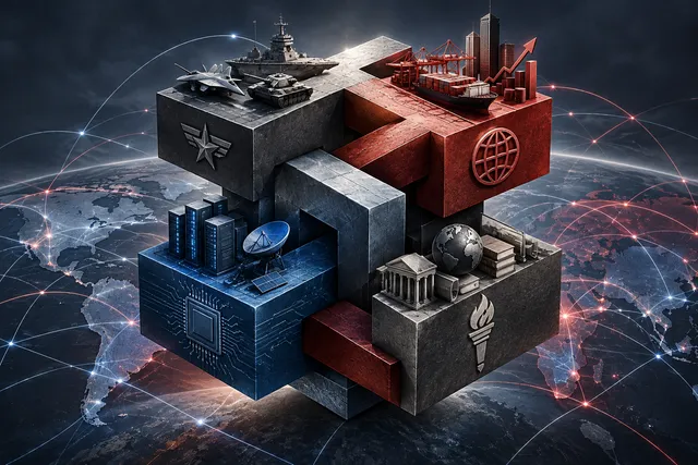 AI illustration based on reference photographs; not an event photograph. Abstract illustration symbolizing comprehensive strategic competition between global powers through interlocking geometric structures.