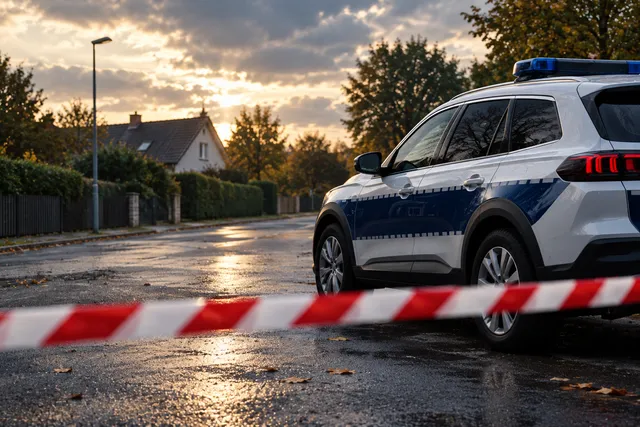 AI illustration based on reference photographs; not an event photograph. A modern, white and dark blue police vehicle with a light bar parked on an asphalt surface in a suburban setting.