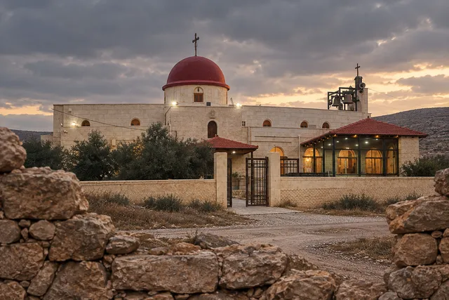 AI illustration based on reference photographs; not an event photograph. Exterior of a large, light-colored church with a prominent red dome in a quiet village setting.