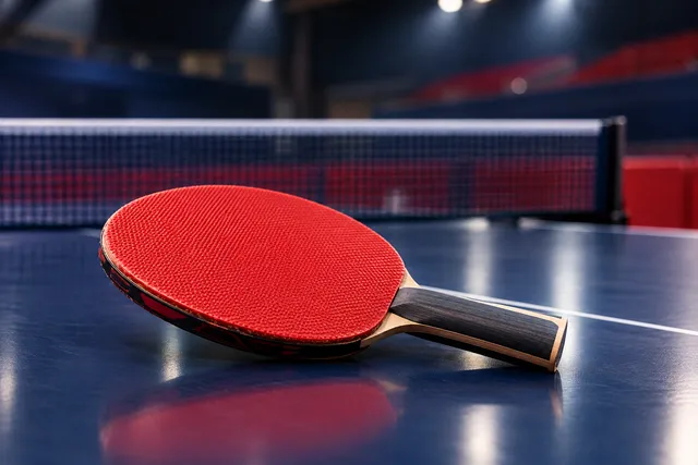 AI illustration based on reference photographs; not an event photograph. A close-up of a single table tennis paddle resting on a dark, polished table in a softly lit indoor sports setting.