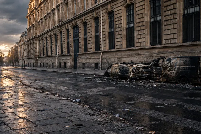 AI illustration based on reference photographs; not an event photograph. A heavily damaged, burnt vehicle rests on a paved city street near a large stone building under an overcast sky.