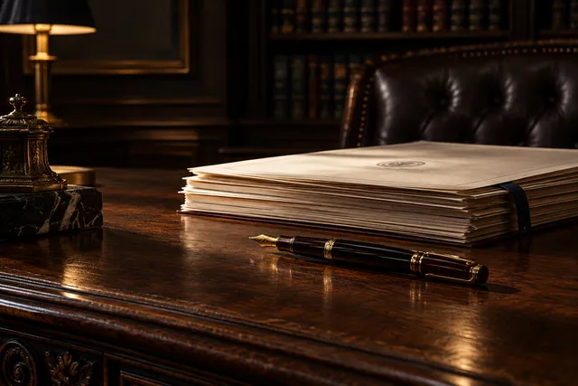 AI illustration based on reference photographs; not an event photograph. An editorial illustration of a formal wooden desk with documents and a fountain pen in a dimly lit office.