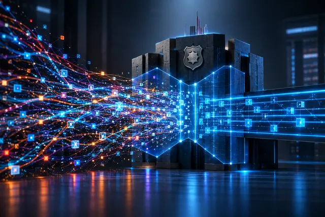 AI illustration based on reference photographs; not an event photograph. An abstract illustration of digital data streams being analyzed and contained by a structured, institutional representation of law enforcement.