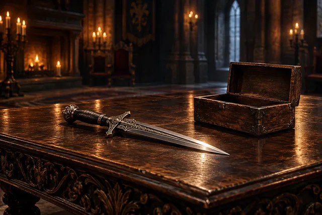 AI illustration based on reference photographs; not an event photograph. An editorial illustration of a double-edged dagger resting on an antique wooden table in a dimly lit, atmospheric hall.