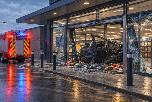AI illustration based on reference photographs; not an event photograph. Editorial illustration of a dark car inside a damaged supermarket entrance with a fire engine outside.