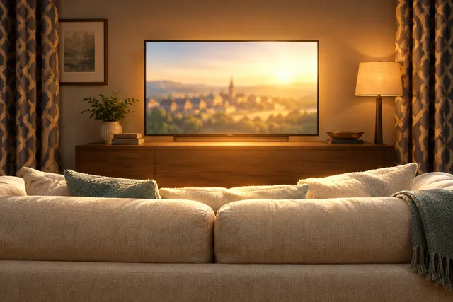 AI illustration based on reference photographs; not an event photograph. An empty, light-colored sofa positioned in front of a glowing television set, illustrating a televised public appearance.