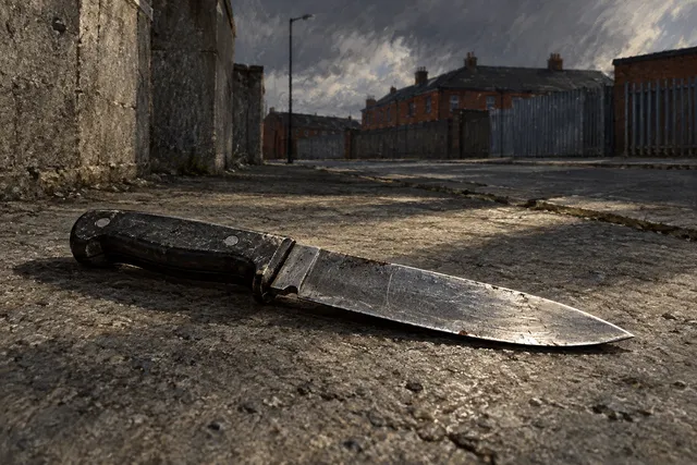 AI illustration based on reference photographs; not an event photograph. A large, utilitarian knife rests on a rough, grey concrete surface in a stark, empty urban setting.