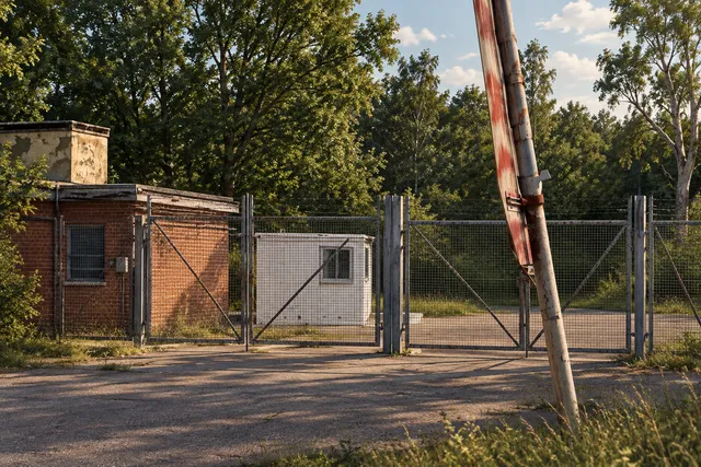 AI illustration based on reference photographs; not an event photograph. An editorial illustration of a former Ministry of Defence site featuring brick and modular buildings enclosed by a tall, rusty metal gate structure amidst surrounding greenery.