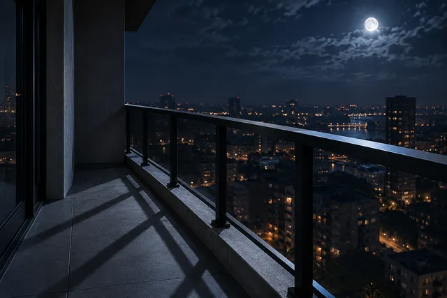 AI illustration based on reference photographs; not an event photograph. An empty balcony railing overlooking a dark city at night, emphasizing height and structure.