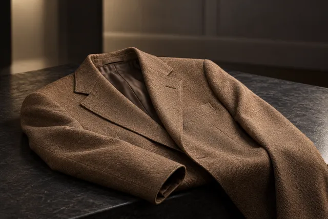 AI illustration based on reference photographs; not an event photograph. A tailored brown blazer rests on a dark, textured surface in a sophisticated, dimly lit setting.
