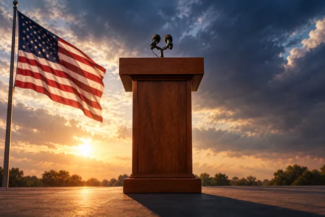 AI illustration based on reference photographs; not an event photograph. A stylized illustration of a wooden podium in an open, neutral setting, representing a political rally and the theme of critique.