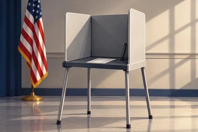 AI illustration based on reference photographs; not an event photograph. An editorial illustration of a simple, unoccupied voting booth structure in a neutral interior setting.