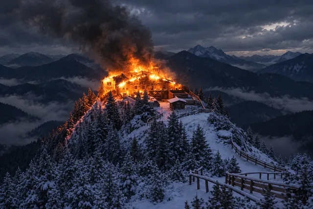 AI illustration based on reference photographs; not an event photograph. A large, multi-story mountain retreat engulfed in flames on a snowy peak, surrounded by dark, forested mountains under a cloudy sky.