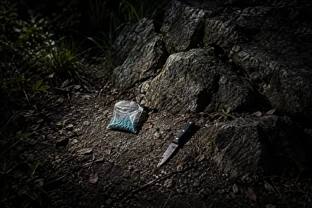 AI illustration based on reference photographs; not an event photograph. A packet of rat poison and a fruit knife resting on dark rocks in a park setting.