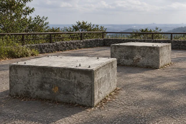 AI illustration based on reference photographs; not an event photograph. Two weathered, rectangular grey concrete foundation blocks with visible bolts on top, situated on a paved area.
